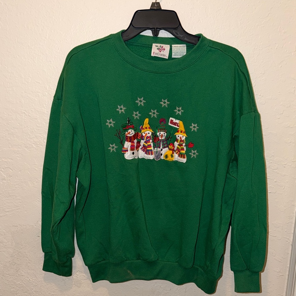 Vintage Green Snowman and Snowflakes Holiday Sweater - Picture 2 of 6